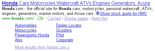 Google Search and Sitelinks for "honda"